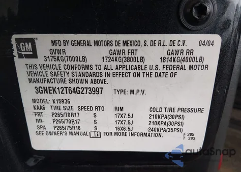 2004 Chevrolet Avalanche 1500 из США, поврежденный, VIN 3GNEK12T64G273997